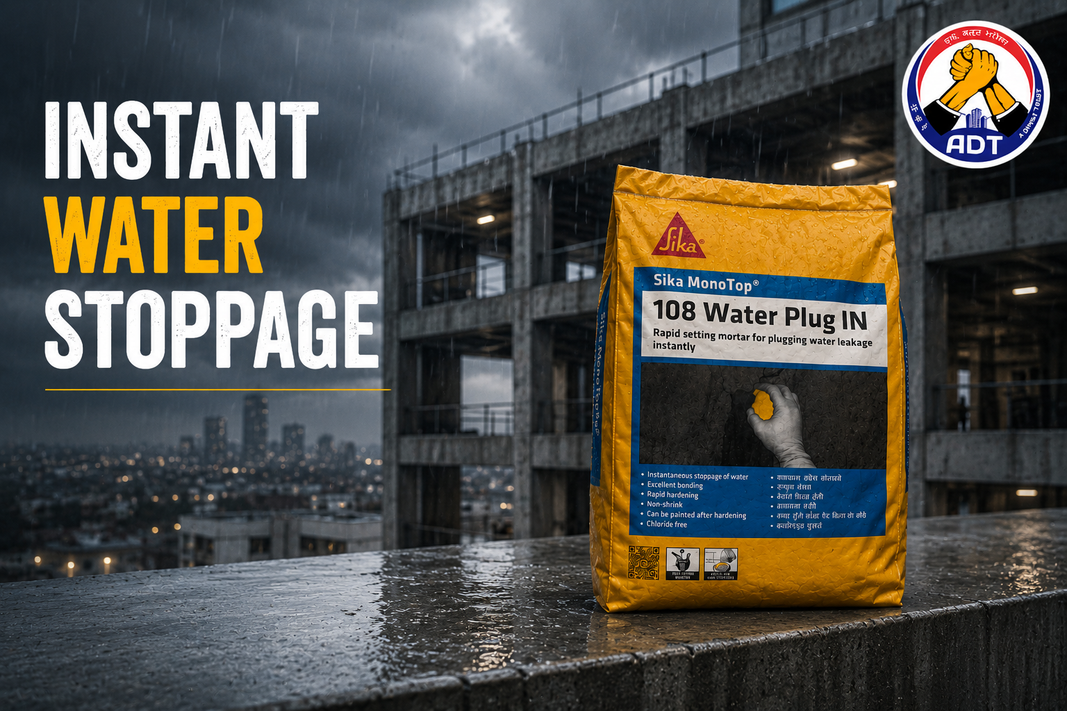 Sika MonoTop-108 Water Plug IN leak plugging solution — cement-based rapid-setting mortar for concrete wall seepage repair India