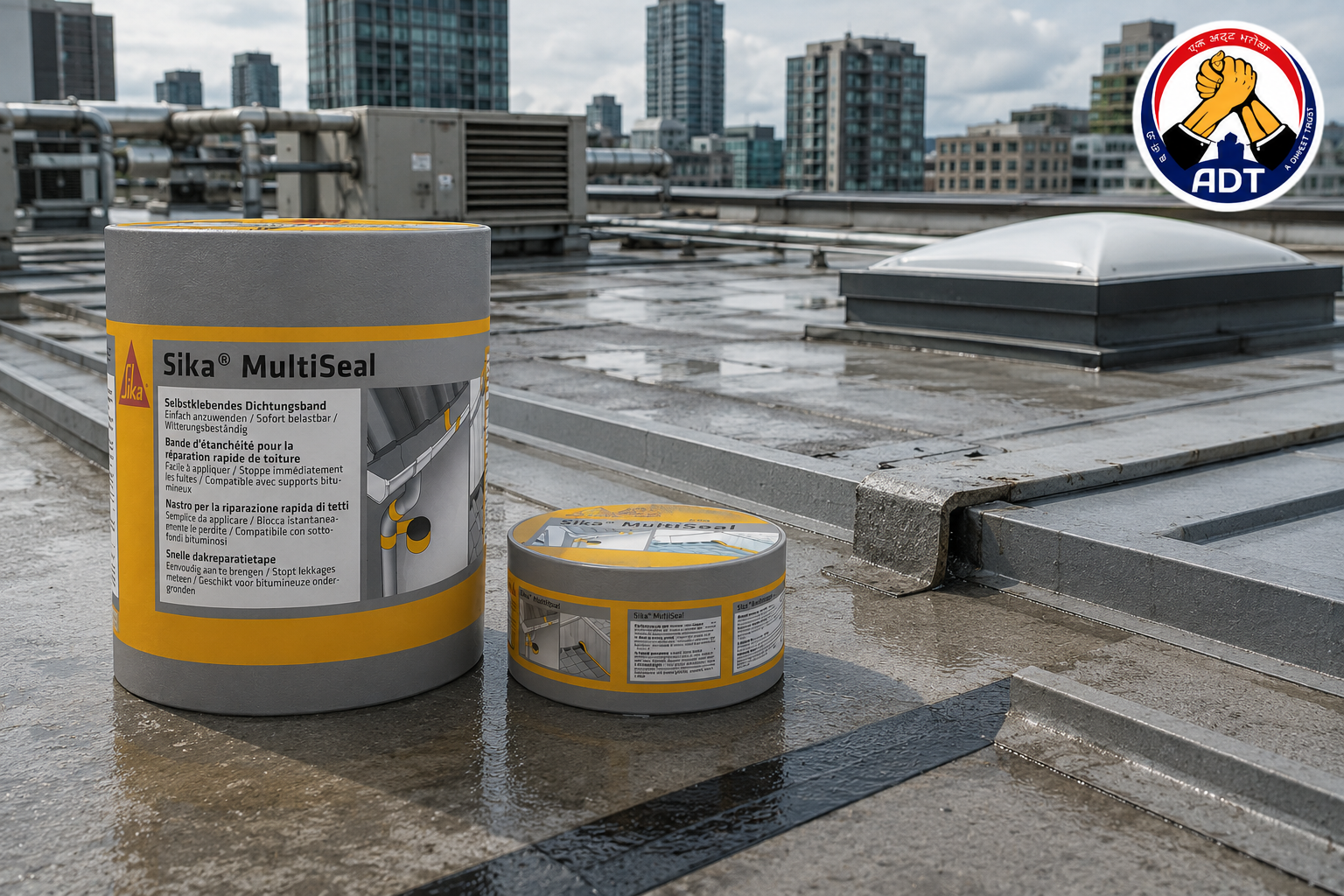 Sika Multiseal AP aluminium-faced bitumen tape sealing a gutter joint