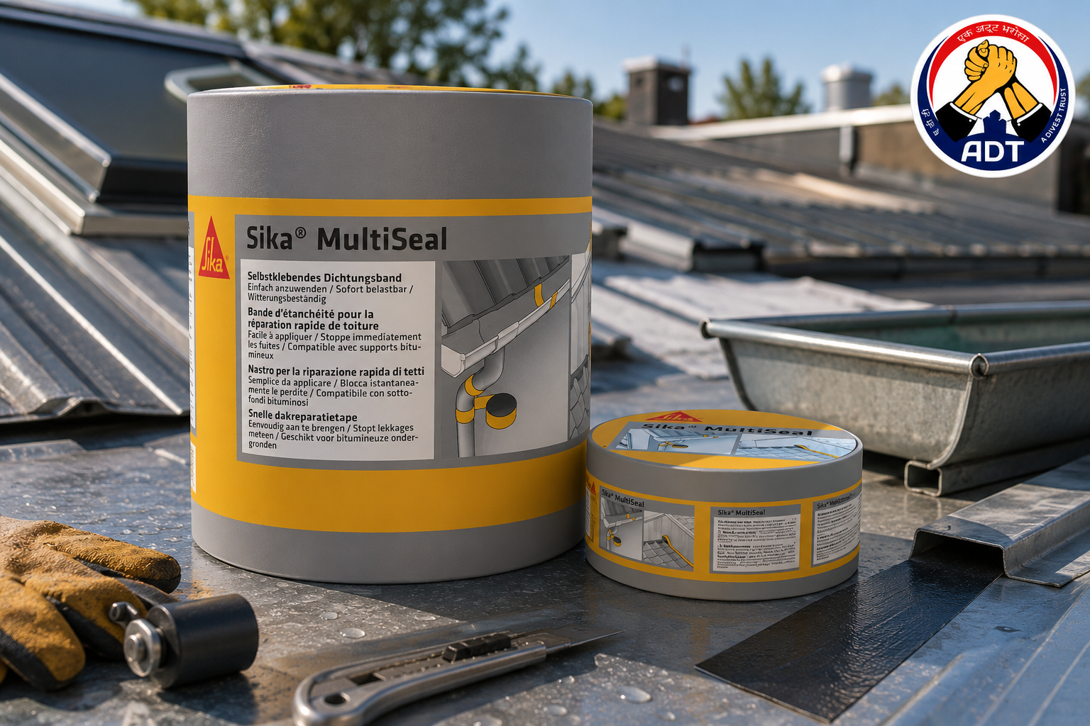 Sika Multiseal AP grey bitumen tape sealing a crack in a building element
