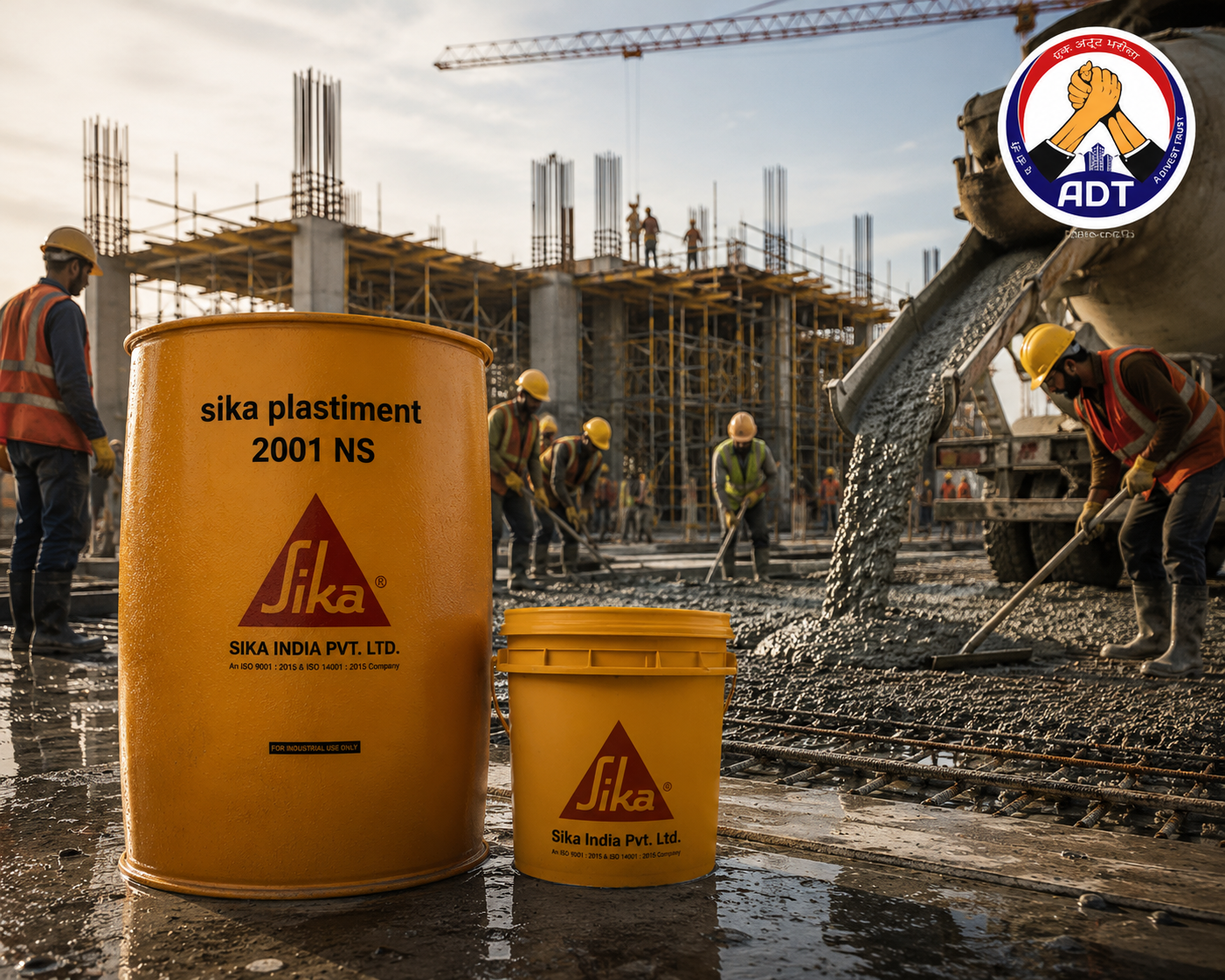 Sika Plastiment 2001 NS added to concrete mix — SNF based superplasticizer admixture reducing water content improving strength India
