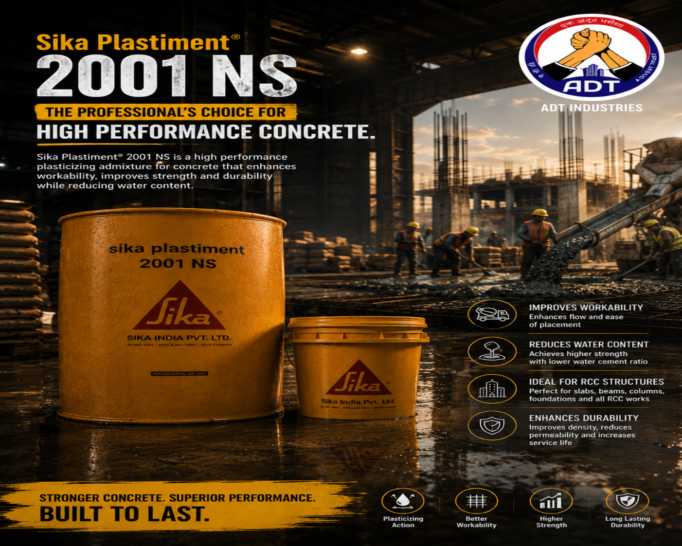Sika Plastiment 2001 NS concrete admixture application — SNF superplasticizer for structural slab column beam concrete India
