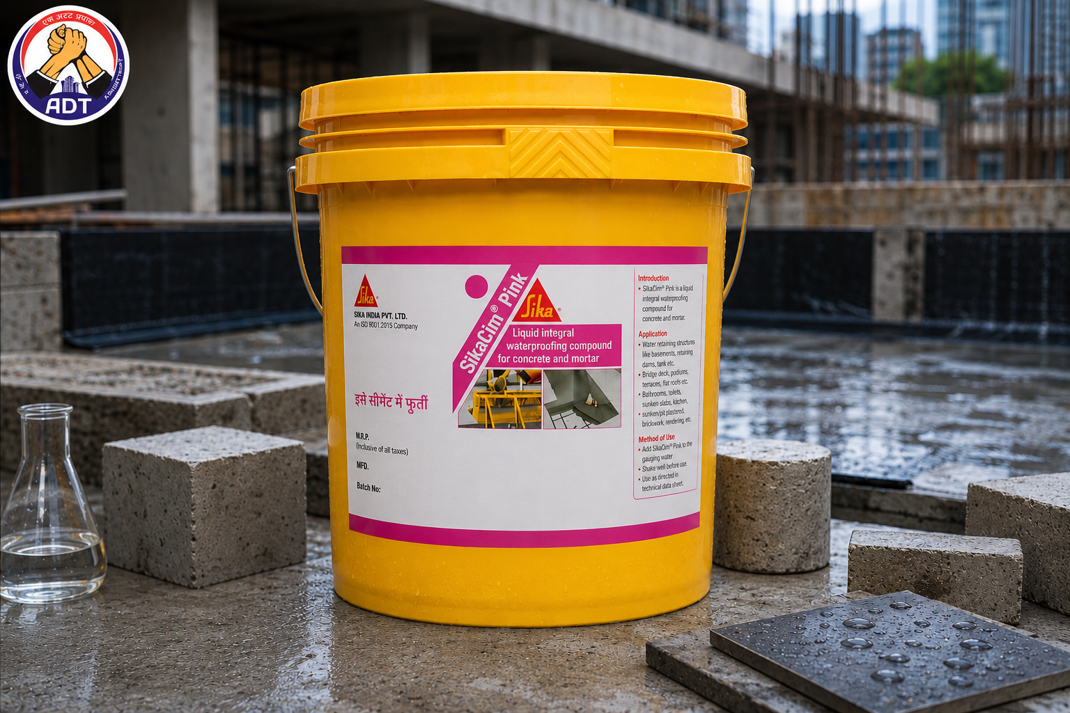 Sika Sikacim Pink pink liquid admixture poured into concrete mix gauging water India