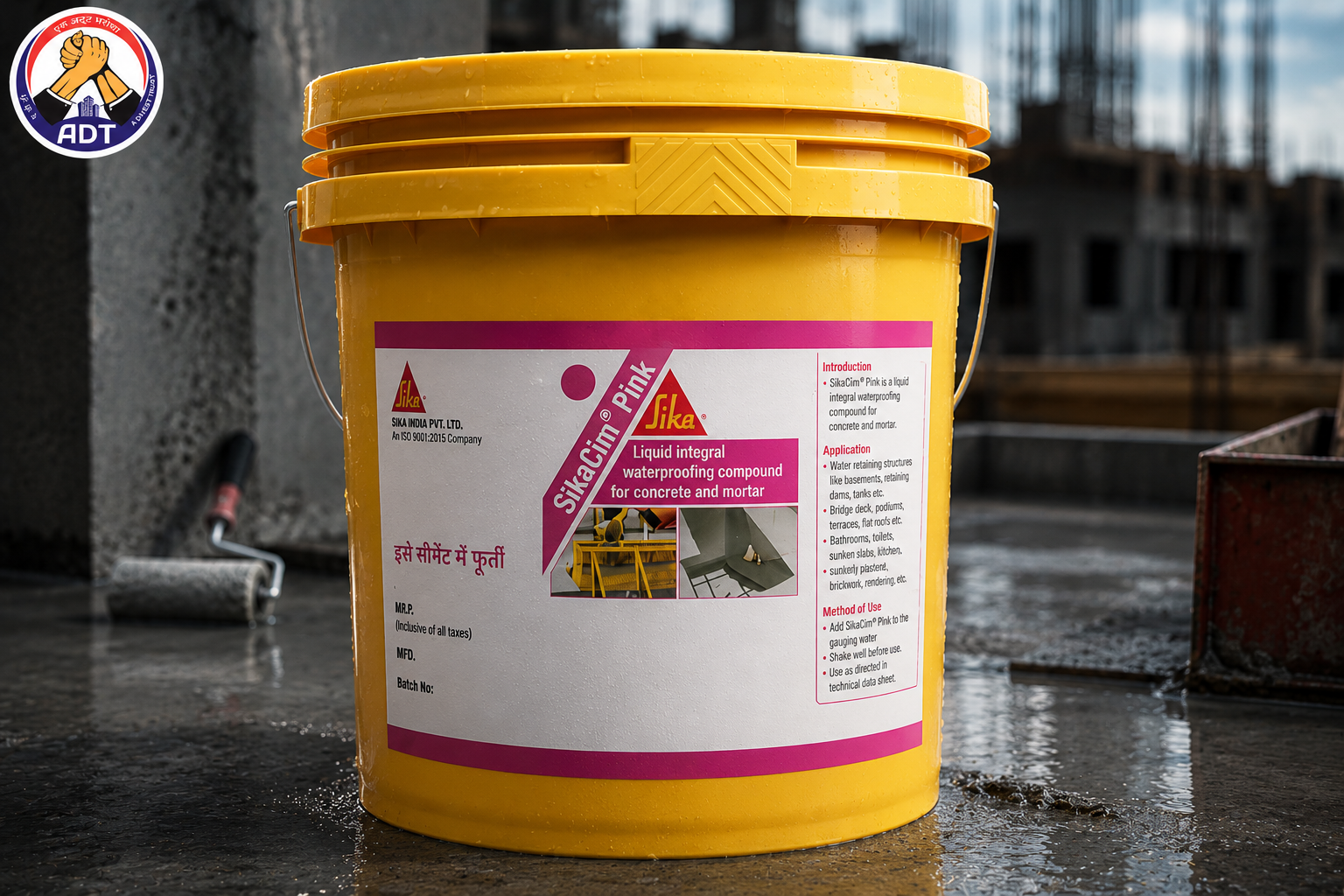 Sika Sikacim Pink product label close up — integral waterproofing admixture specifications Sika India