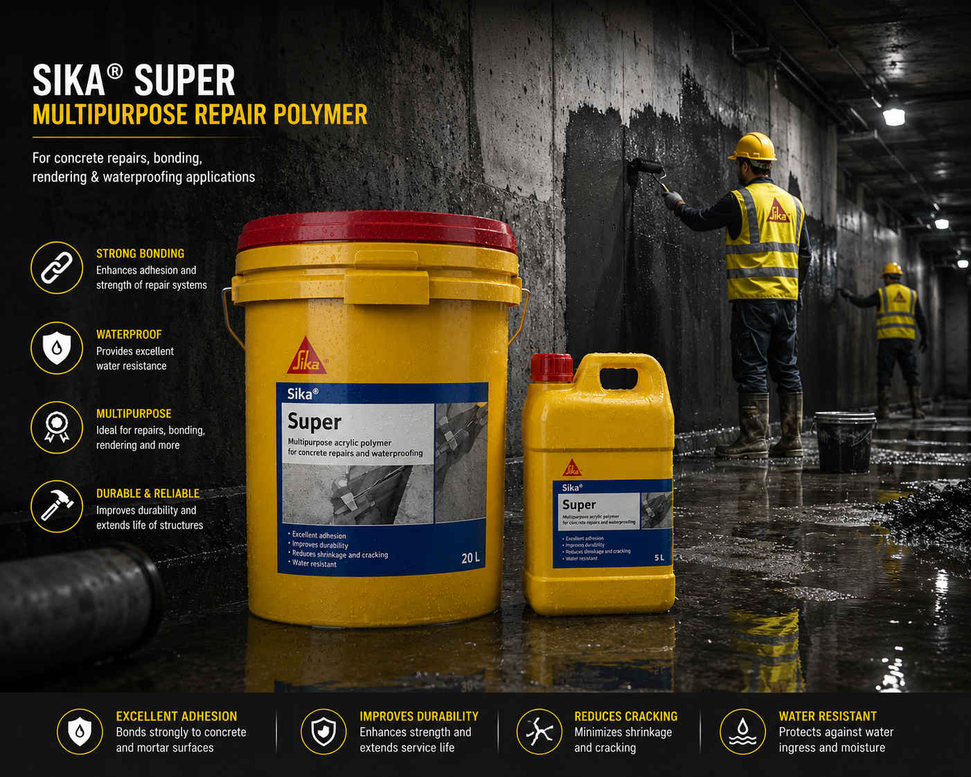 Sika Super Latex polymer bonding agent — reduces shrinkage cracking and improves tensile strength in repair mortars and plaster overlays




