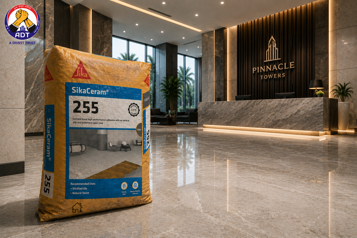 Sikaceram-255 no-slip adhesive holding a large tile on a wall