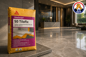 Sikaceram-50 Tilofix combed onto an interior wall for ceramic tiles