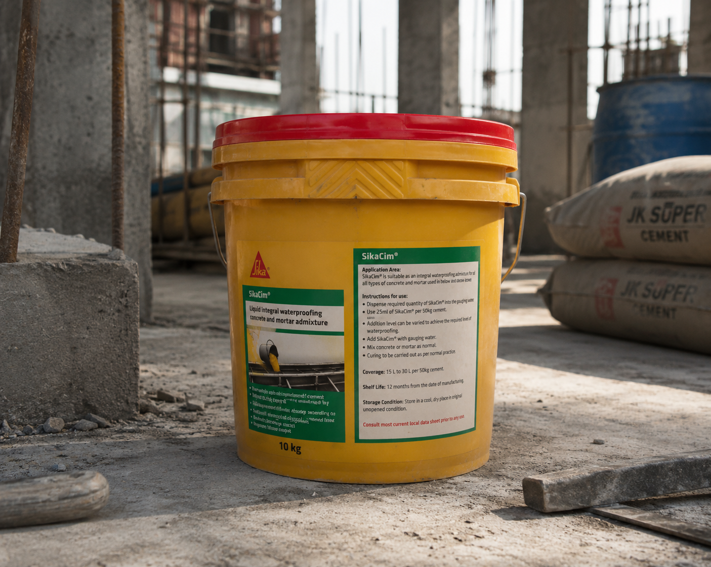 SikaCim integral waterproofing compound 10kg bucket on construction site

