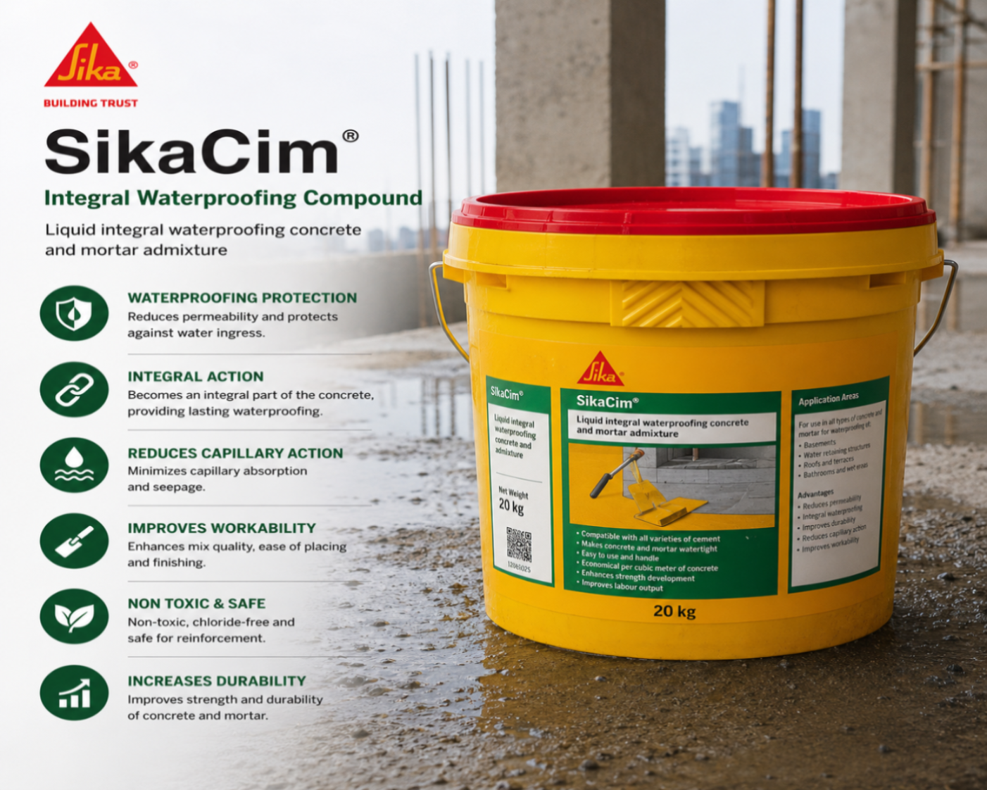 SikaCim integral waterproofing compound infographic showing features and uses

