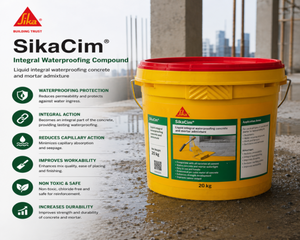 SikaCim integral waterproofing compound infographic showing features and uses

