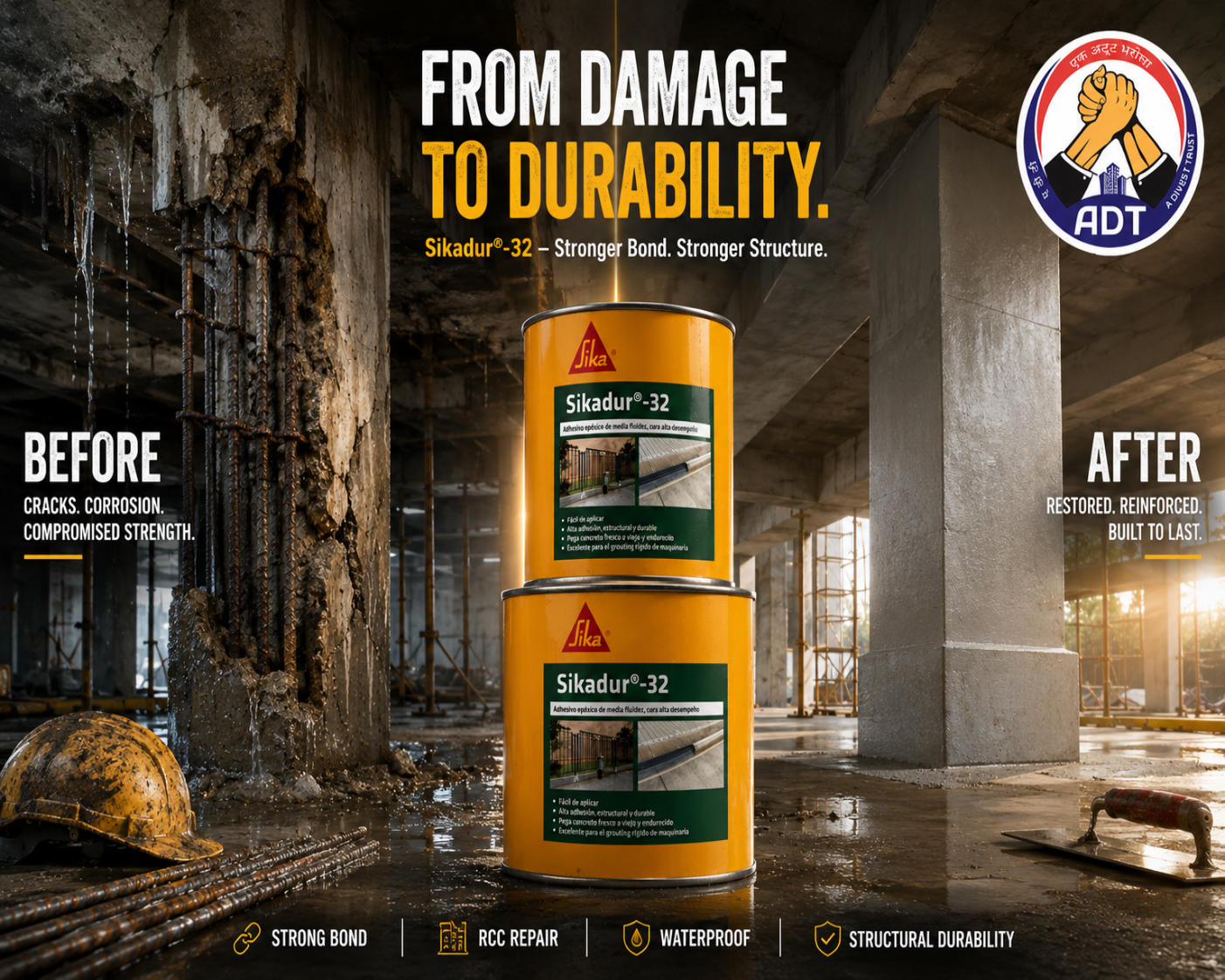 Sikadur 32 low-viscosity two-component epoxy bonding agent — structural concrete bonding new to old concrete damp surface Sika India
