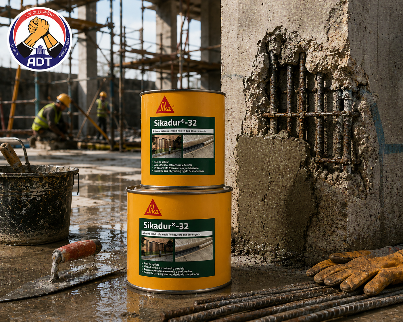Sikadur 32 brush application on damp concrete surface — two-component epoxy bonding agent repair mortar bonding Sika India
