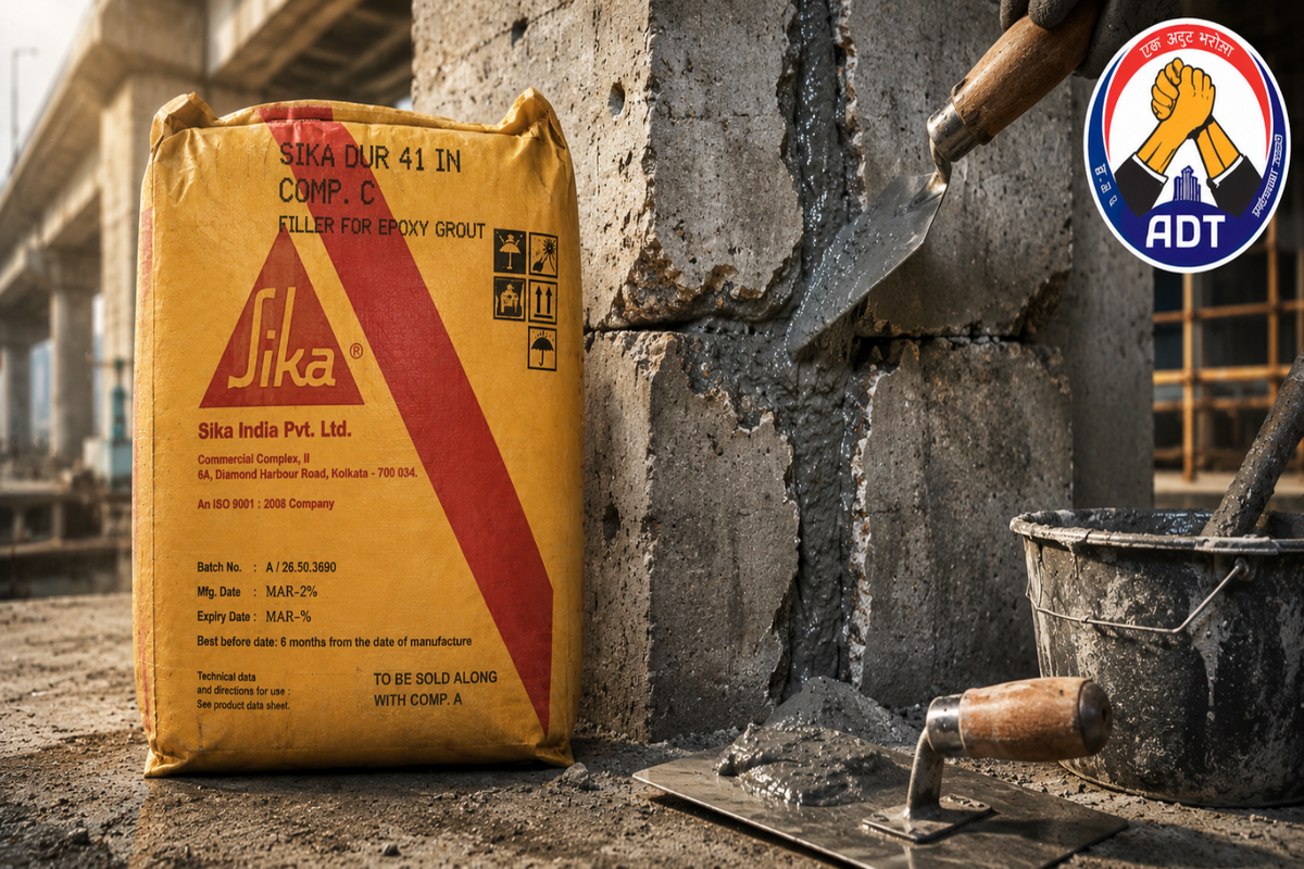 Three-component epoxy repair mortar Sikadur-41 being applied to damaged industrial concrete surface — heavy-duty structural repair India
