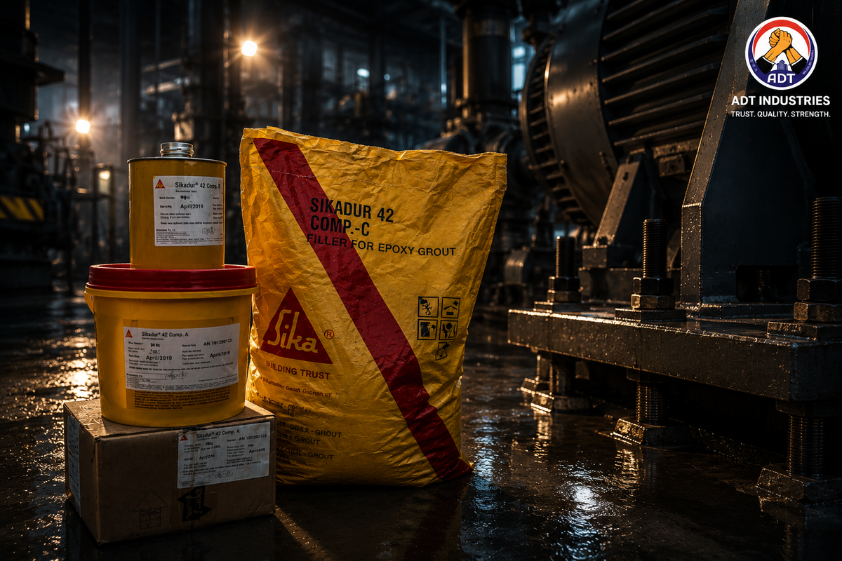 Sikadur-42 product close-up — three-component non-shrink epoxy grout precision grouting compound specifications India