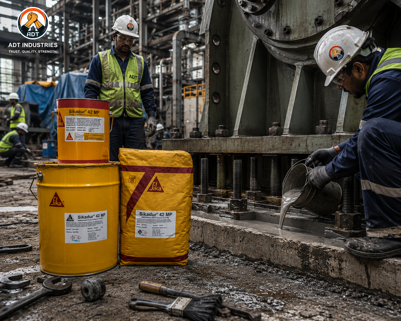 Anchor bolt grouting with Sikadur-42 MP — multi-purpose non-shrink epoxy grout high compressive strength structural India
