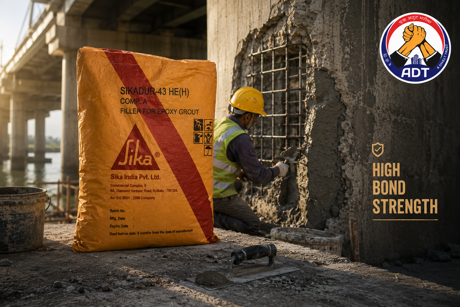 Thixotropic epoxy repair mortar Sikadur-43 applied to vertical concrete column face — non-sag structural repair India
