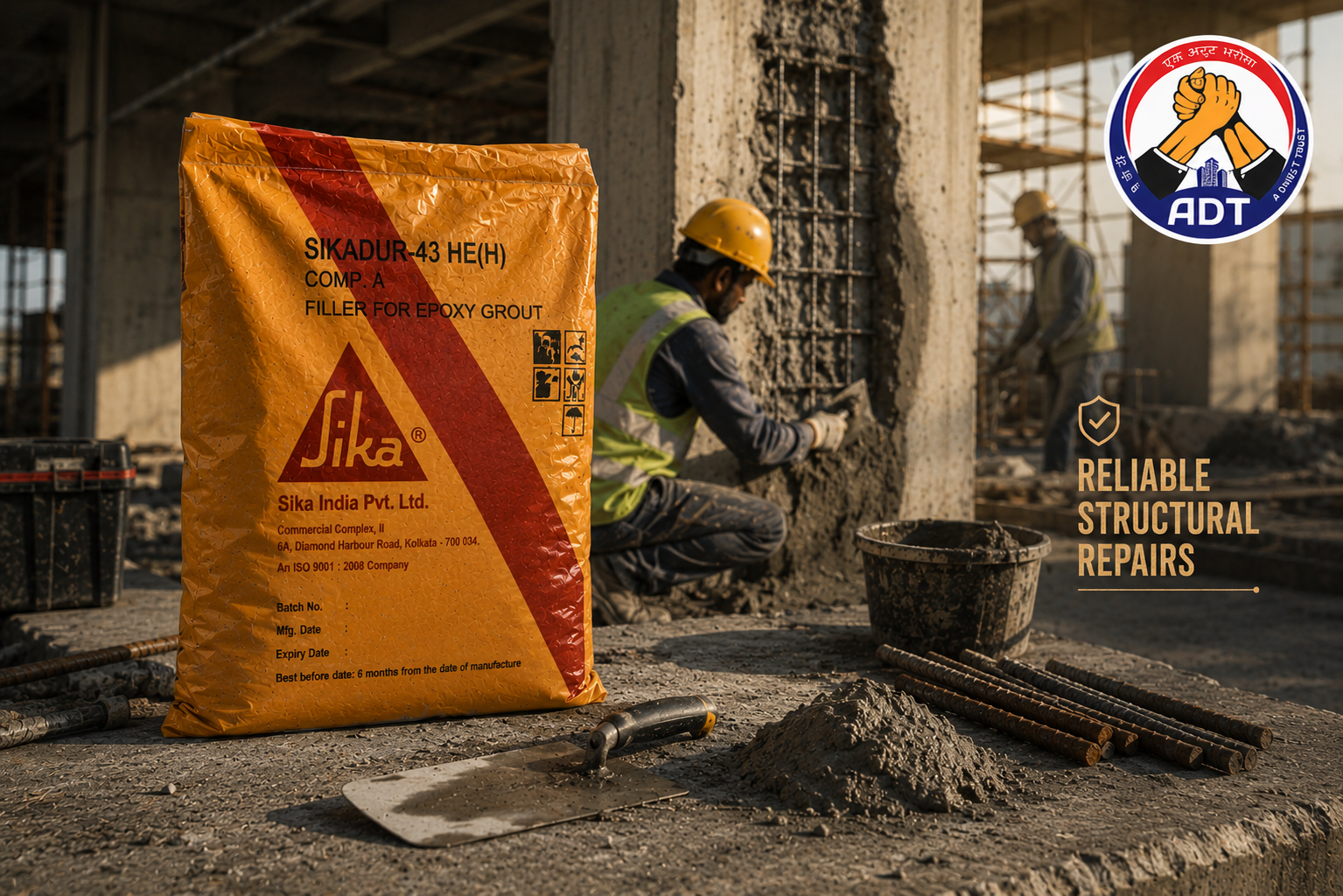 Overhead concrete beam soffit repaired with Sikadur-43 — thixotropic epoxy repair mortar non-sag strong bond India
