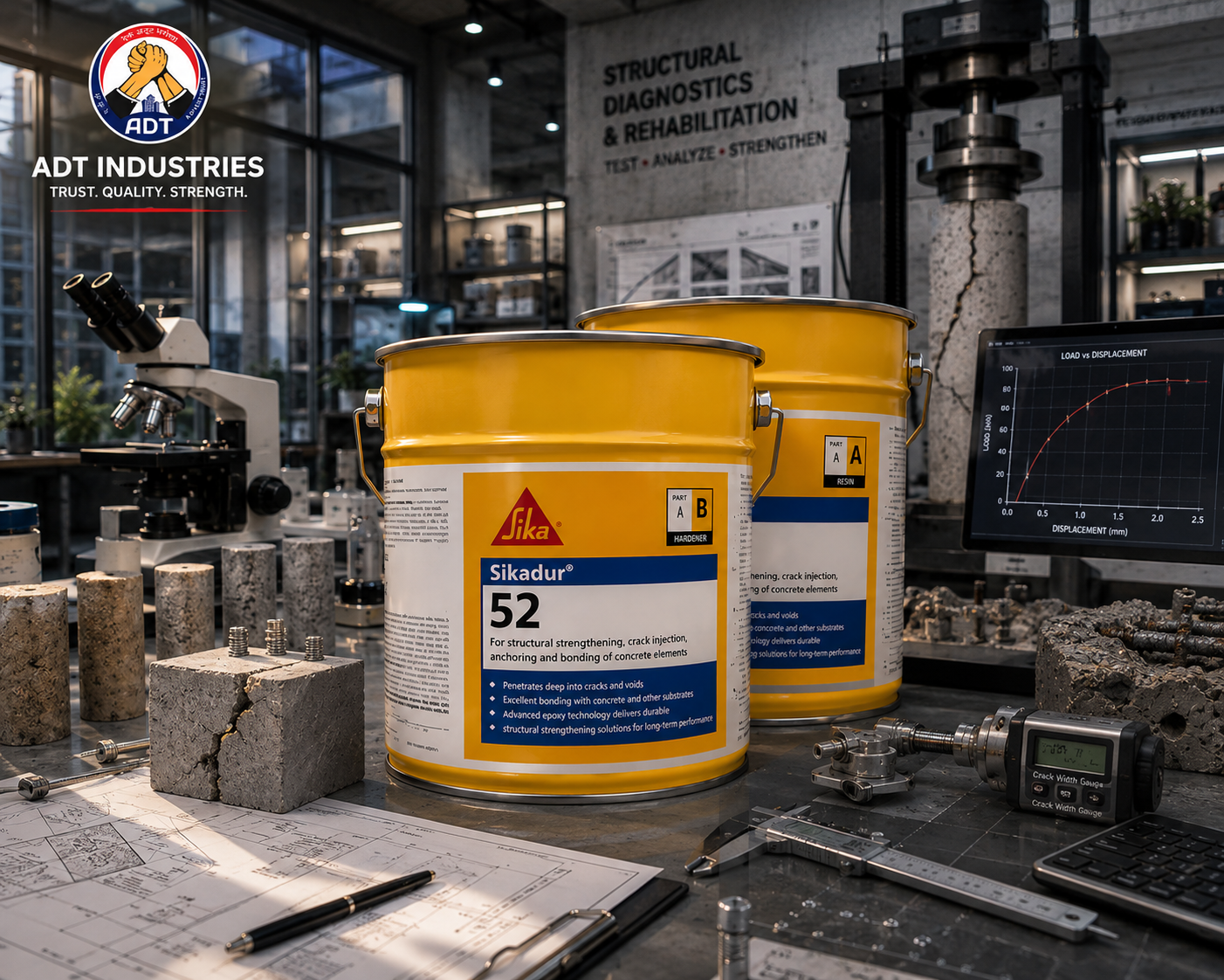 Low-viscosity epoxy injection grout Sikadur-52 being injected into structural concrete crack — full depth crack repair India
