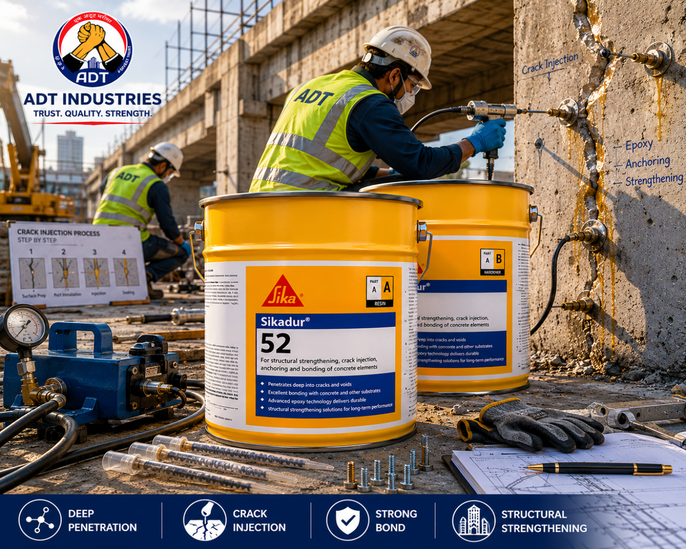 Structural concrete crack repaired with Sikadur-52 — low-viscosity epoxy injection grout high bond strength restoration India
