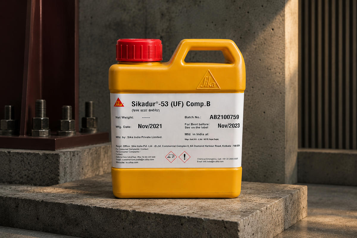 Ultra-fine epoxy repair mortar Sikadur-53 UF Mortar applied to shallow concrete spall — thin section precision repair India
