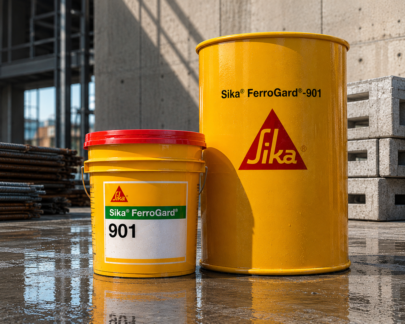 Sika Ferrogard-901 product packaging — corrosion inhibitor admixture for reinforced concrete marine coastal structures Sika India
