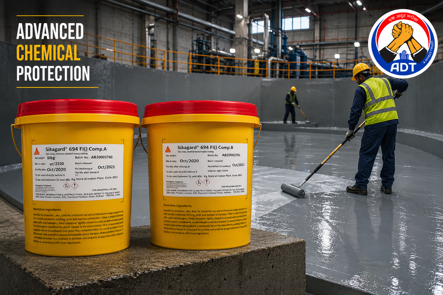 Flowable epoxy putty Sikagard-694 FI being poured into deep concrete void — honeycombing repair full depth fill India
