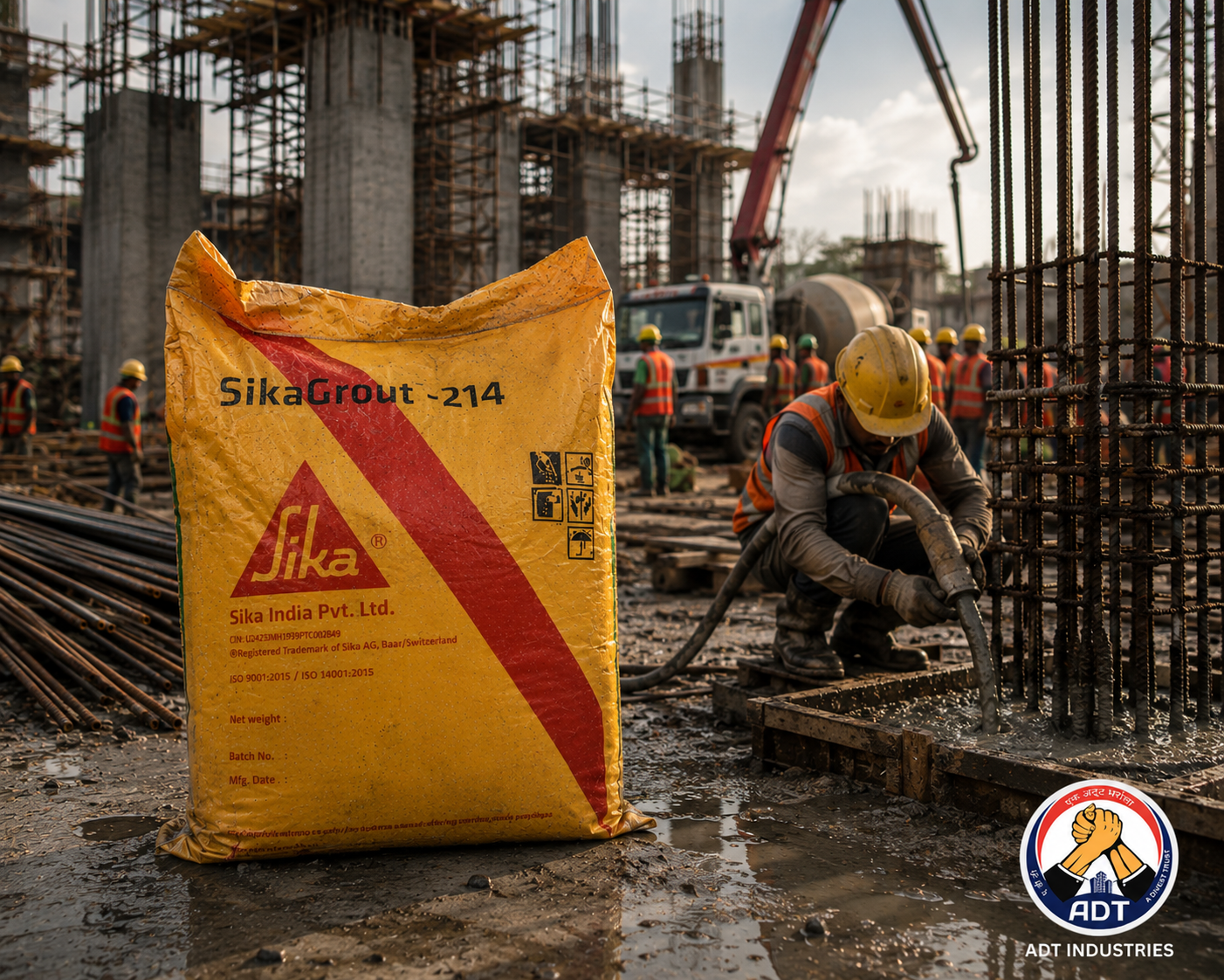 Sikagrout 214 poured into column base plate gap — non-shrink cement grout precision structural grouting Sika India
