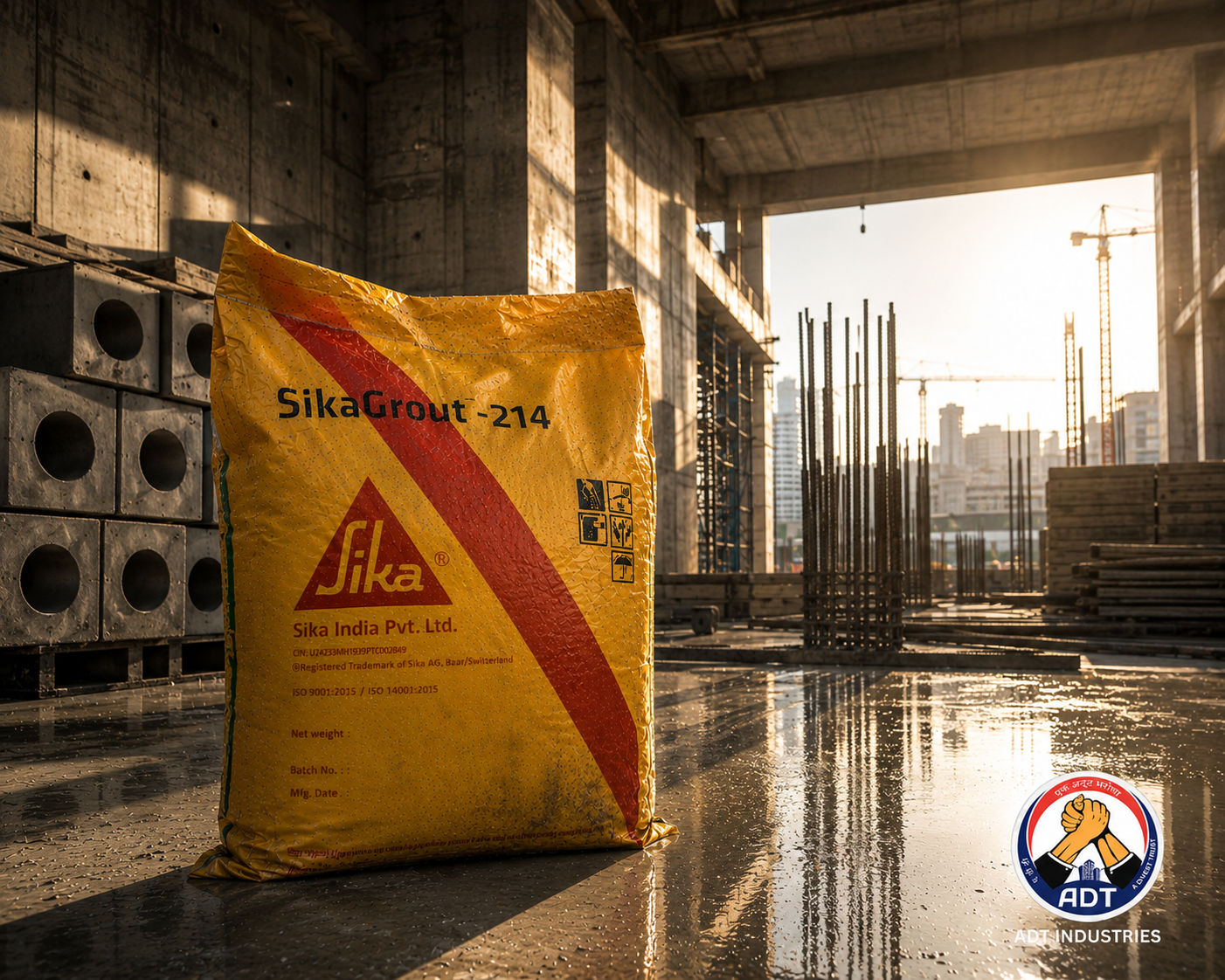 Sikagrout 214 construction chemical — non-shrink cement grout machine base anchor bolt bearing pad precast structural India

