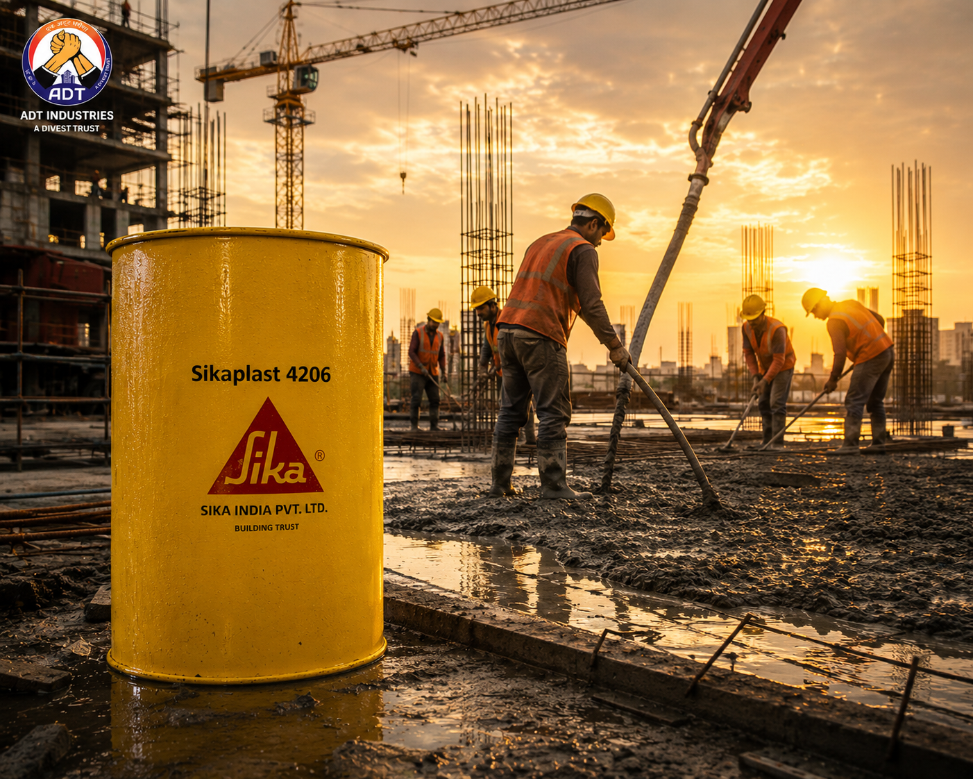 Sikaplast 4206 added to concrete mix — mid PC superplasticizer improved workability high-grade structural concrete India
