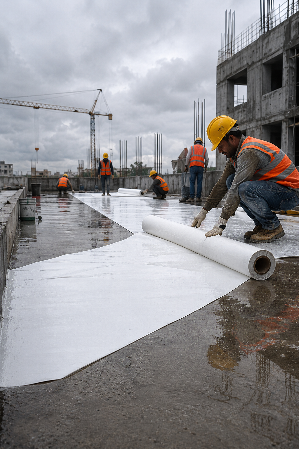SikaProof 312 HDPE SG W IN installed on construction site — pre-applied HDPE sheet membrane bonding with fresh concrete basement India
