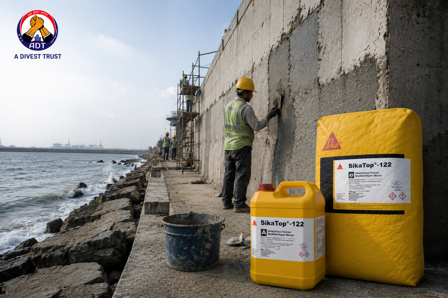 Concrete column face restored with SikaTop-122 — two-component polymer-modified repair mortar superior bond India
