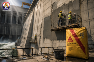 High-strength repair mortar SikaTop-122 HS being trowel-applied to structural concrete column — section restoration India
