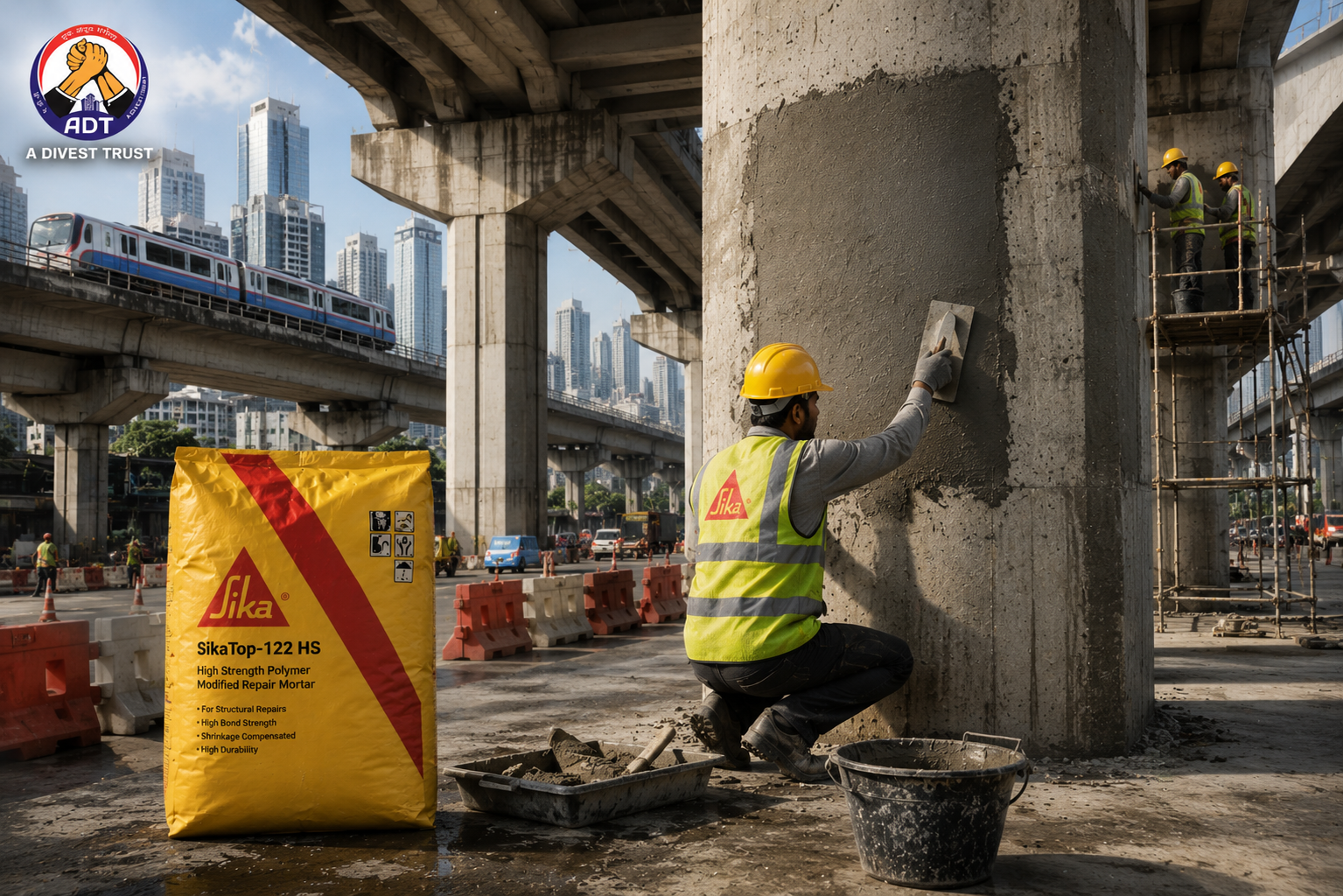 Load-bearing concrete column restored with SikaTop-122 HS — high-strength two-component repair mortar structural bond India
