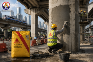 Load-bearing concrete column restored with SikaTop-122 HS — high-strength two-component repair mortar structural bond India
