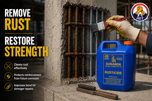 Sunanda Rusticide removing rust from exposed reinforcement steel to restore structural strength during concrete repair