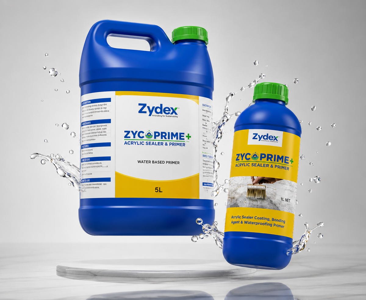 ZycoPrime+ — premium acrylic co-polymer emulsion by Zydex Industries that reduces shrinkage cracks and improves flexibility in cementitious substrates

