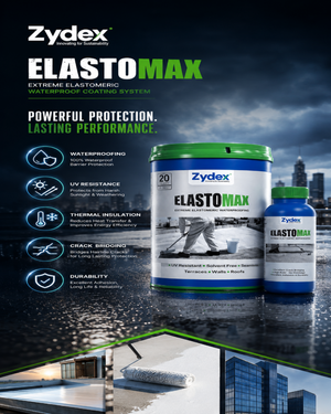 Zydex Elasto Max — high-elongation elastomeric waterproof coating for roof waterproofing wall seepage and terrace leakage solution India
