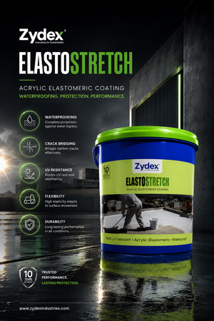 Zydex Elasto Stretch — super-stretch elastomeric waterproof coating for roof waterproofing wall seepage and terrace leakage solution India
