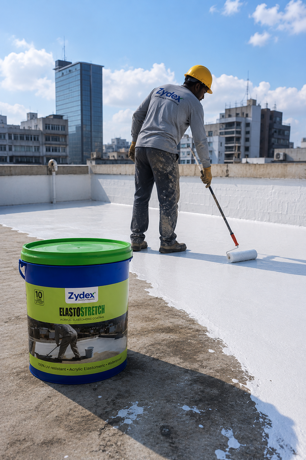 Zydex Elasto Stretch — UV resistant super-stretch elastomeric waterproofing chemical for roof slabs terraces and dynamic structural surfaces India
