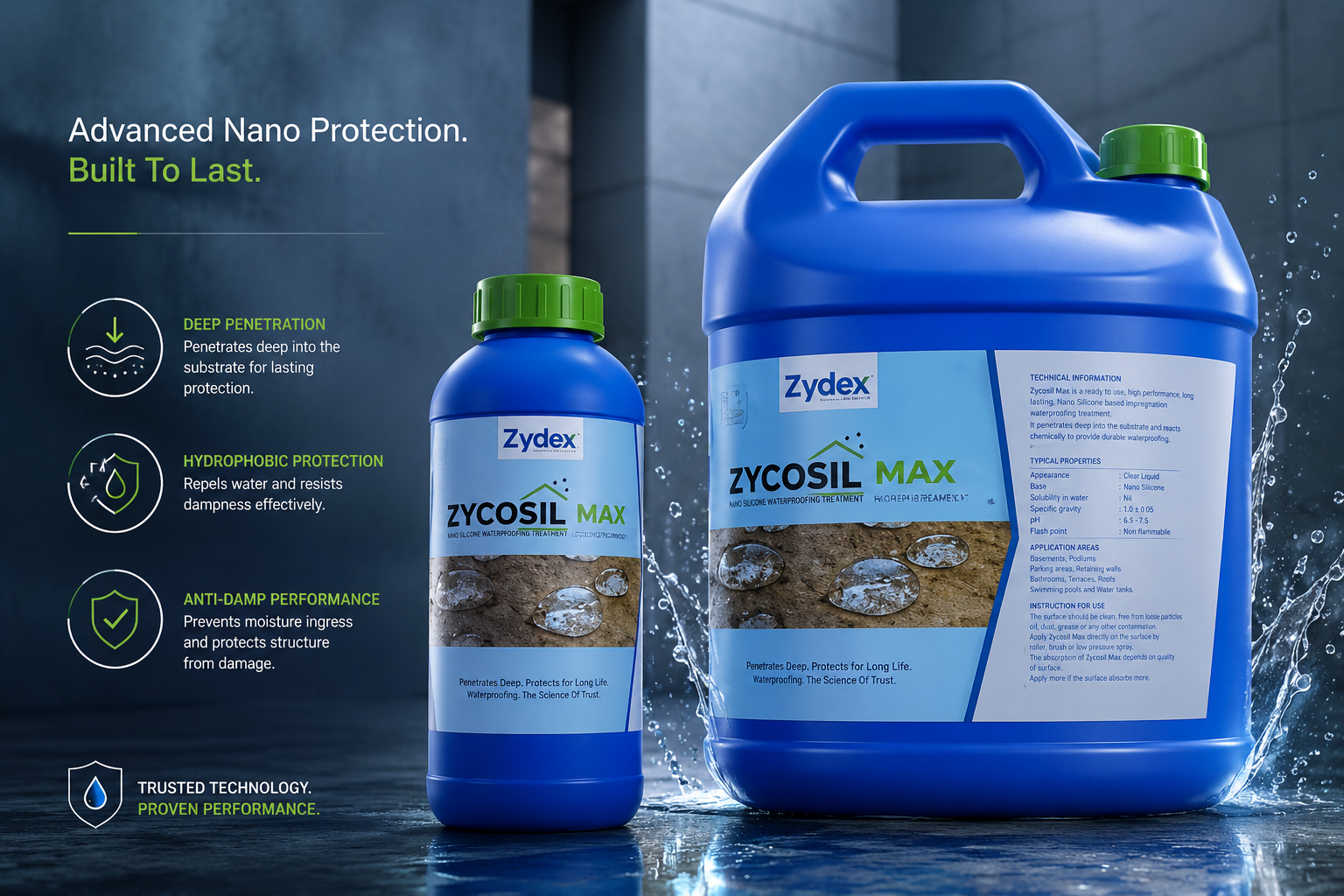 Zydex Zycosil Max — 100% reactive organosilane nano-sealer for deep structural penetration waterproofing on concrete and plaster surfaces
